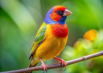 Vibrant Goldian Finch Perched on a Branch in Natural Habitat - A Stunning Display of Colorful Birds in