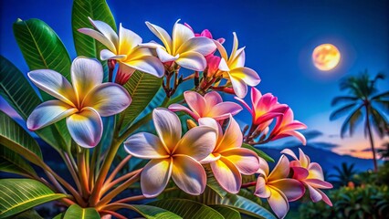 Vibrant Hawaiian Plumeria Flowers in Full Bloom Against a Clear Blue Sky for Tropical Paradise Aesthetic