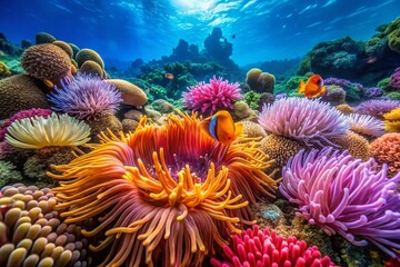 Vibrant Heteractis Magnifica Sea Anemone in Coral Reef Ecosystem with Colorful Marine Life and Stunning Underwater