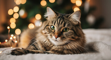 Cute fluffy cat relaxing with holiday lights in cozy home setting