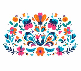 Mexican traditional floral ornaments featuring colorful flowers and leaves against a white background.