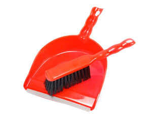 Red broom and dustpan set isolated on white background

