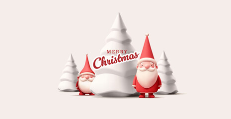 Merry Christmas. 3D character of Santa and elf, a gnome with snowy Christmas trees. Festive banner for Christmas celebration concepts, greetings, and web design. Vector illustration.