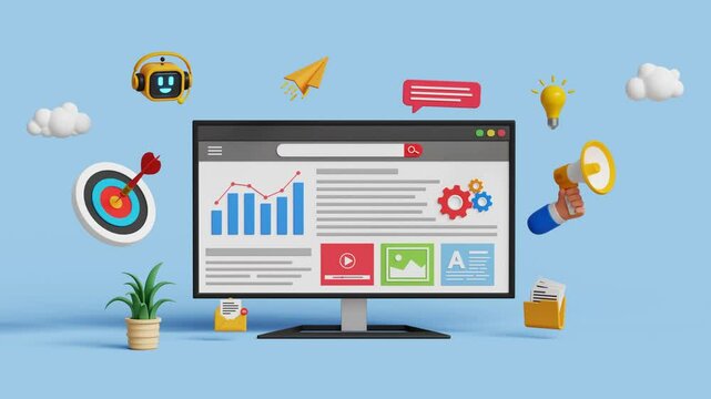 Digital marketing automation. Analytics dashboard, SEO, growth, advertising, campaign. Business strategy with KPI. AI powered workflow. 3D analytics dashboard on computer. 4K 3D animation