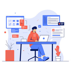 Fake News concept. The spread of misinformation through digital media highlighted with cautionary symbols and skeptical characters. Vector illustration.
