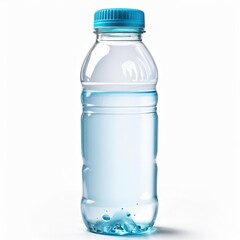 Naklejka premium A clear plastic water bottle filled with water, showcasing a blue cap and bubbles inside.