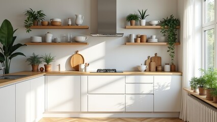 Generative, AI, A modern kitchen with white cabinets, wooden countertops, open shelves, and green plants, bathed in natural light from a large window.