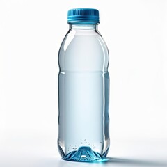A clear plastic water bottle filled with water, featuring a blue cap.