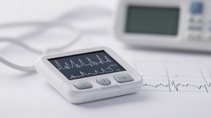 Portable ECG monitor on white background, focus on compact design and home healthcare 
