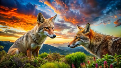Fototapeta premium Coyote and Fox Encounter in a Vibrant Landscape: High Dynamic Range Wildlife Photography