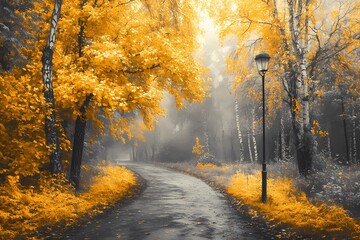 Obraz premium Warm street lamp light shining through the trees in an autumn park, reflecting on fallen leaves, perfect for seasonal landscape visuals.