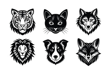 Tiger, lion, wolf, cat, fox, dog head vector silhouette icon set