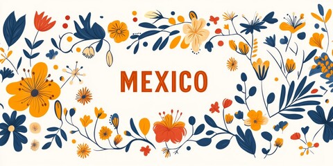 Mexican traditional floral ornaments vector graphic logo featuring the text "MEXICO" in vibrant orange on a white background. 