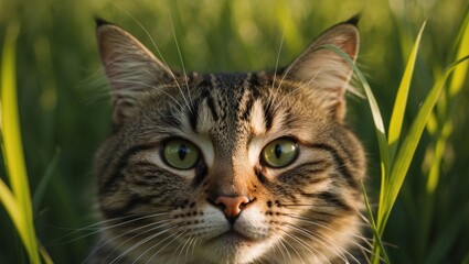 A tight shot of a feline face amidst a sea of green grass Sunlight illuminates the background.