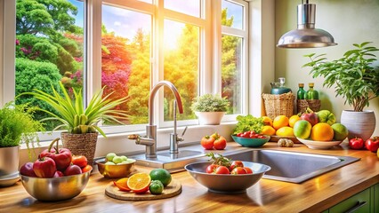 Cozy Kitchen with Natural Light, Sink, and Fruit Bowl - Ideal for Home Decor Projects