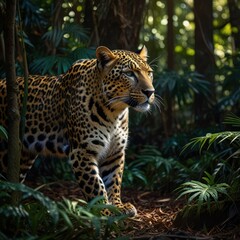 Obraz premium A majestic leopard stands in a dense jungle, its spotted fur blending seamlessly with the foliage, its keen eyes scanning the surroundings.
