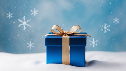A blue gift box with a gold ribbon on a blue background with snowflakes.