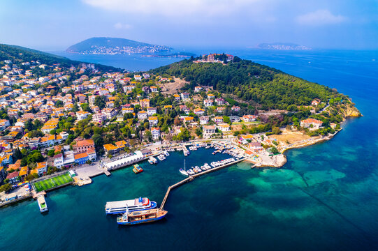 Heybeliada Island in Istanbul, Turkey. Heybeliada is the second largest of the Princes Islands in the Sea of Marmara. Drone shot.