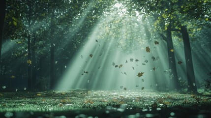 Obraz premium Sunbeams Illuminate Enchanting Forest with Falling Leaves