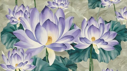 Blue and purple lotuses with leaves. Watercolor illustration set. Seamless background pattern. Fabric wallpaper print texture.