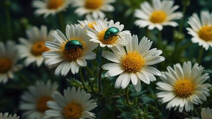 Fototapeta premium Two shiny green beetles perched on white daisies with yellow centers.