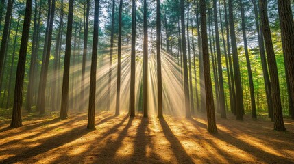 Obraz premium Sunbeams pierce through a dense forest, creating a mystical and magical atmosphere.