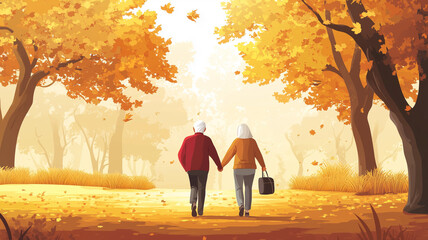 elderly couple enjoying a stroll in the park, vector style that is colorful, simple, and minimalistic, in a cartoon style. Senior couple in good health, retired couple walking, outdoor activity for se