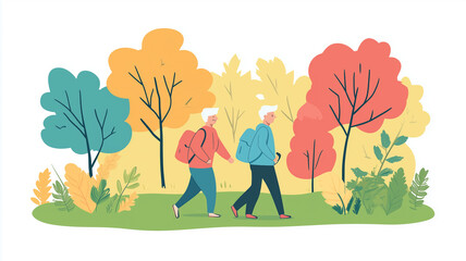 elderly couple enjoying a stroll in the park, vector style that is colorful, simple, and minimalistic, in a cartoon style. Senior couple in good health, retired couple walking, outdoor activity for se