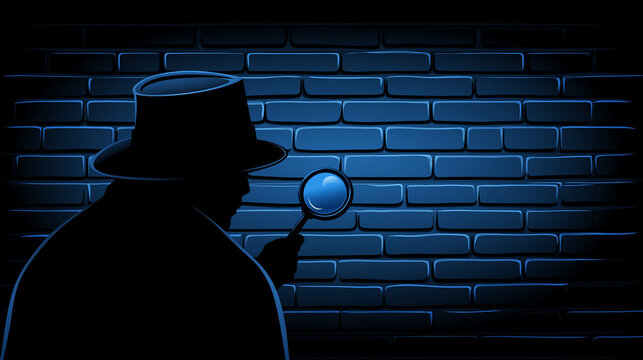 Detective with magnifying glass investigating in retro comic art