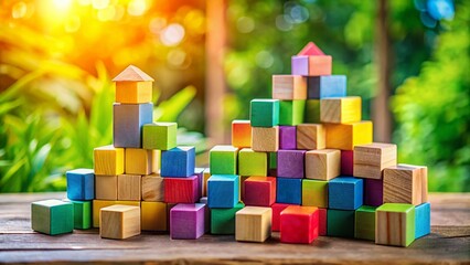 Obraz premium Creative Conceptual Photography of Child Blocks Height in Playful Arrangement for Kids' Development and Learning