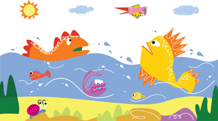 Cute border, kids decoration. Funny abstract childs banner design with creative elements, amasing happy fishes, doodle shapes. Decorative flat vector illustration isolated on white background