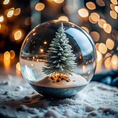 Christmas tree in glass ball on snow. generative ai