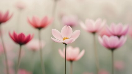 Fototapeta premium A pink flower with blurred foreground and background of similar pink blooms.