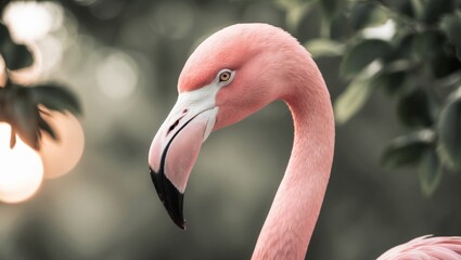 A pink flamingo's head with a blurred backdrop of trees.