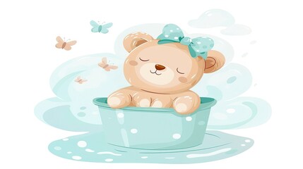 Fototapeta premium Cute teddy bear sitting in a cloud-shaped bucket