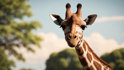 A crisp giraffe face with trees softly blurred behind.