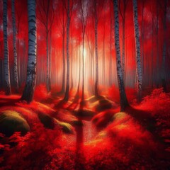 A striking wallpaper featuring a vibrant forest in autumn colors, with red foliage and birch trees, creating a mesmerizing and serene natural scene
