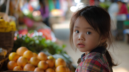 Fototapeta premium Asian Child in a Local Market: Innocence and Cultural Experience