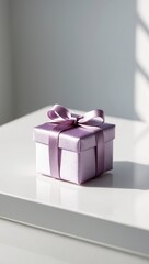 A small purple gift box with a satin ribbon displayed on a white surface.