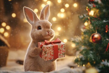 Brown bunny holds red and white gift box with bow. Christmas tree with red and gold ornaments in background. Snowy landscape blurred behind festive scene. Cute rabbit delivers gift on Christmas.