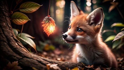 Curious Red Fox Cub in Surreal Autumn Forest with Floating Leaf