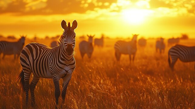 African zebras in wildlife on sunset background
