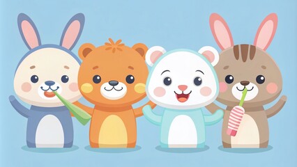 Naklejka premium Cute Animal Characters Washing Teeth with Toothbrush - Minimalist Dental Concept Illustration