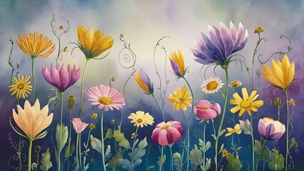 Watercolor background with many flowers