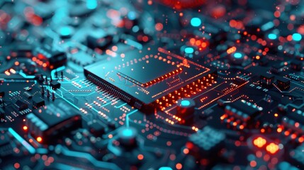 Fototapeta premium Close-up of a glowing blue microchip circuit board. Technology and innovation concept.