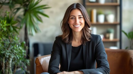 A full-body shot of a successful female estate agent seated in an open, unfurnished workspace, smiling at the camera, symbolizing equity in the real estate sector