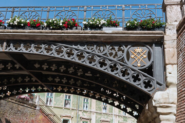 FRIEDRICHS HÜTTE bridge in Sibiu, Romania. Unique ornate metal railings lined with flower pots are visible.