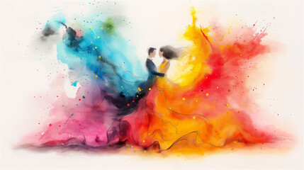 Fototapeta premium A man and a woman are gracefully dancing together in front of a vibrant and colorful background filled with captivating hues