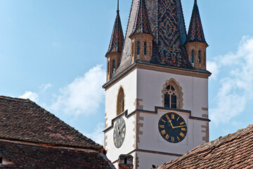Fragment from the clock tower of Lutheran Cathedral of Saint Mary. It is a prominent landmark in Sibiu, Romania, one of the largest Gothic-style churches in Transylvania.

