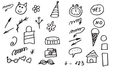 Fototapeta premium Hand drawn sketch marker underline shape, arrow, heart scribble brush chalkboard